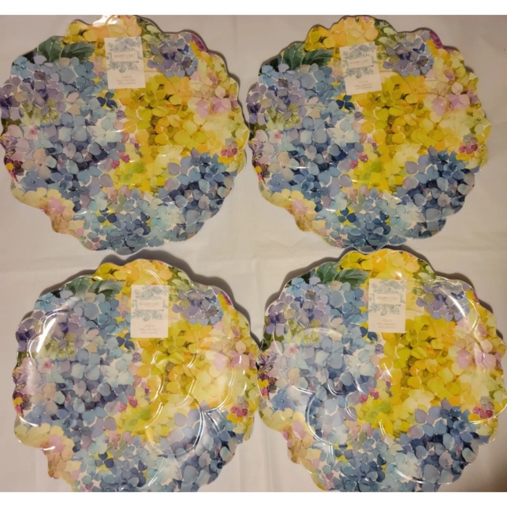 4 Shabby Chic Hydrangea 11" Dinner Plates Melamine Floral Scalloped Charger Set